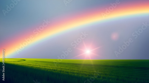 Magical Rainbow Arcing Over a Vibrant Green Meadow with a Radiant Sunburst Flare