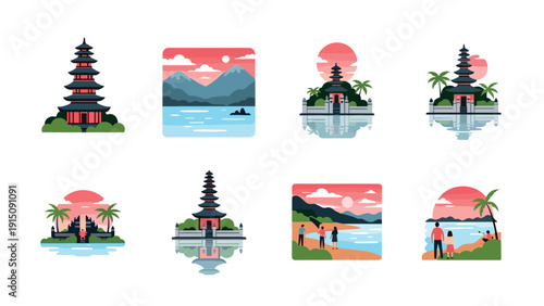 Beautiful scenic illustrations of balinese temples and landscapes in flat design style