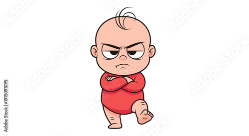 Cute cartoon angry baby with arms crossed looking disgruntled and frustrated, representing childhood temper tantrums and expressions of displeasure