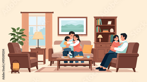 Cozy family living room scene with happy parents and children relaxing together