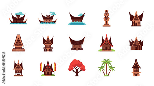 Traditional indonesian architecture icons set featuring tongkonan and trees