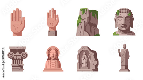 Flat icons of buddha statues and ancient architectural elements