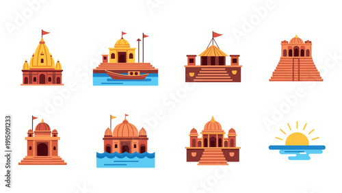 Colorful hindu temples collection with sun and water elements in flat design