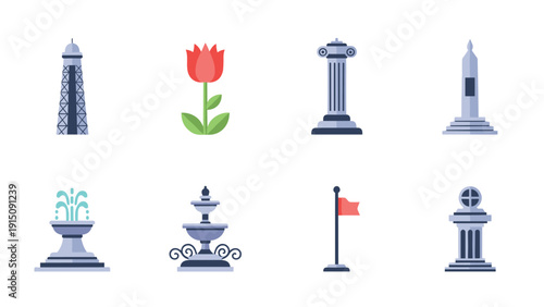 Icon set of monuments, fountain, and nature elements in flat style