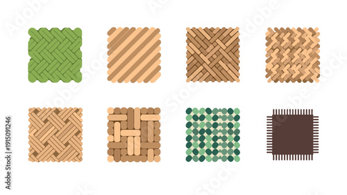 Collection of seamless wood and green textile patterns for interior design
