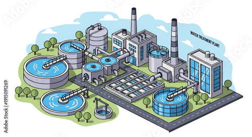 Isometric illustration of a modern wastewater treatment plant with industrial facilities and purification tanks in a green landscape under a blue sky with clouds