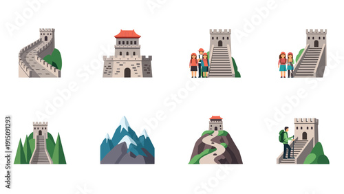 Flat design series of chinese great wall and tourist hiking scenes