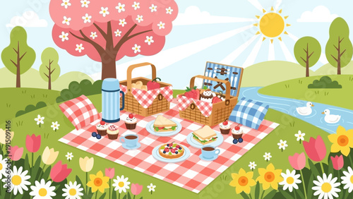 Spring Picnic Scene with Cherry Blossom Tree and River.
