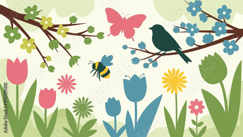 Springtime scene with flowers, birds, and insects.