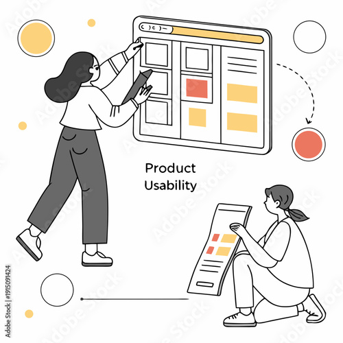 Two women working on product usability with wireframes and a large screen