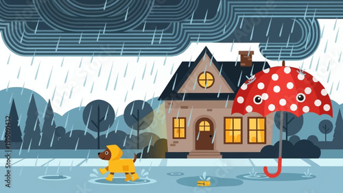Rainy Day Scene with House, Umbrella, and Rubber Duck.