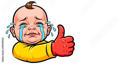 Illustration of a baby crying with a thumb up, symbolizing bittersweet emotions or a humorous situation