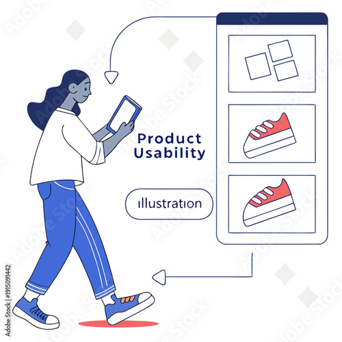 A woman is walking while looking at a tablet with product usability illustrations