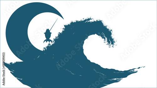 A dark teal silhouette depicts a crescent moon, rocket-fish, and a large ocean wave against white