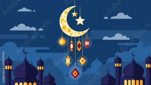 Ramadan night sky with crescent moon and mosque silhouettes.