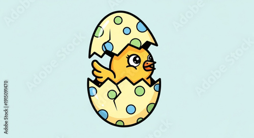 Cute yellow chick hatching from colorful polka dot egg on light blue background
