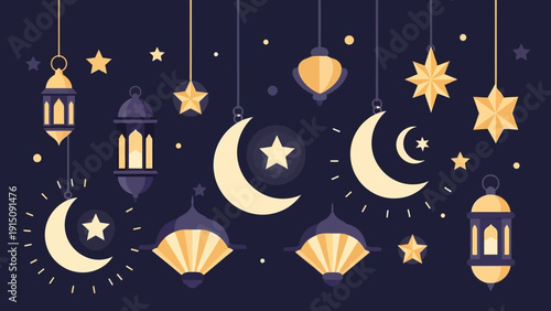 Ramadan Kareem celebration with traditional lanterns and crescent moons.