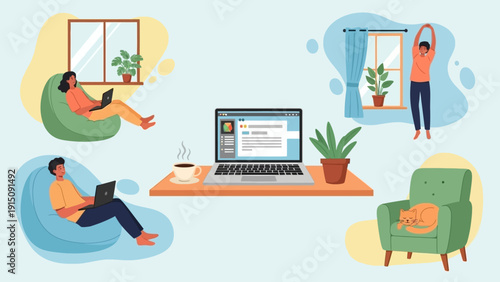 Remote Work Lifestyle with Laptop and People Relaxing at Home.