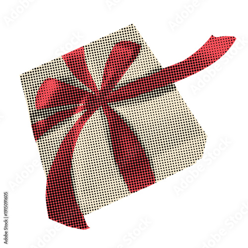 Collage gift box with red bow. Cutout from newspaper wrapped present. Pop art halftone dotted texture gift box sticker isolated on transparent background. Vector illustration for Mixed media design 