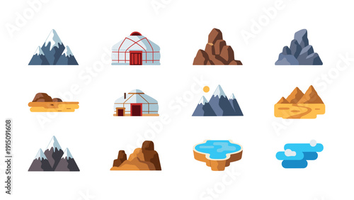 Flat style mountainous landscape icons with yurt and scenery elements