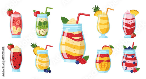 Vibrant and Colorful Collection of Delicious Fruit Smoothies in Various Glassware