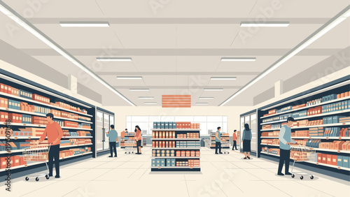 Busy supermarket aisle with shoppers and shelves in flat design