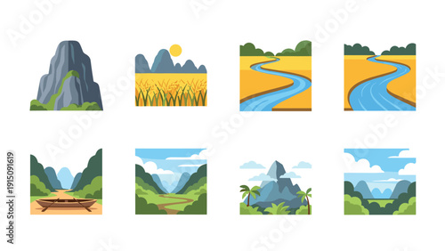 Diverse flat nature landscape icons featuring mountains, rivers, and fields