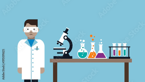 Scientist in lab coat with microscope and beakers on a table.