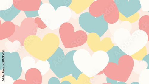 Seamless pattern of colorful hearts in pastel shades.