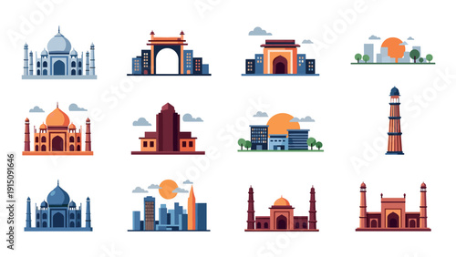 Iconic indian landmarks collection in modern flat design with vibrant colors
