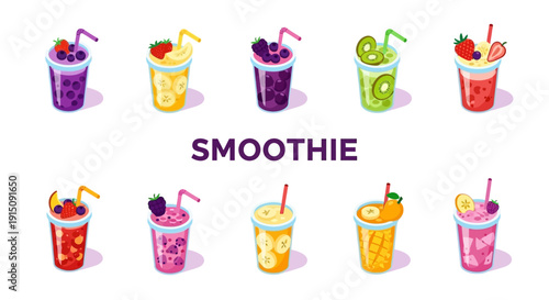 Vibrant illustration of a variety of colorful and refreshing smoothie drinks, ideal for menus