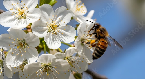 Bee gathering pollen in white cherry tree flowers in spring for pollination
