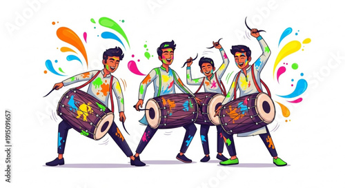 Vibrant drummers performing with colorful drums and energetic movements dynamic illustration with splashes of paint