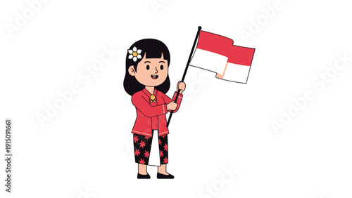 Cartoon girl holding indonesian flag in traditional attire