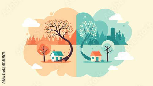 Seasonal transition with houses and trees illustrating change.