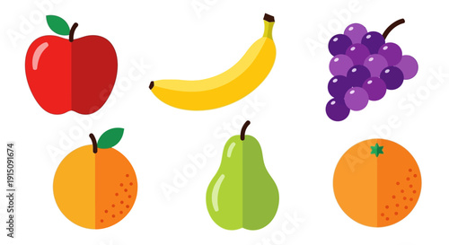 Vibrant illustration of six different fruits in a flat, geometric, and colorful style
