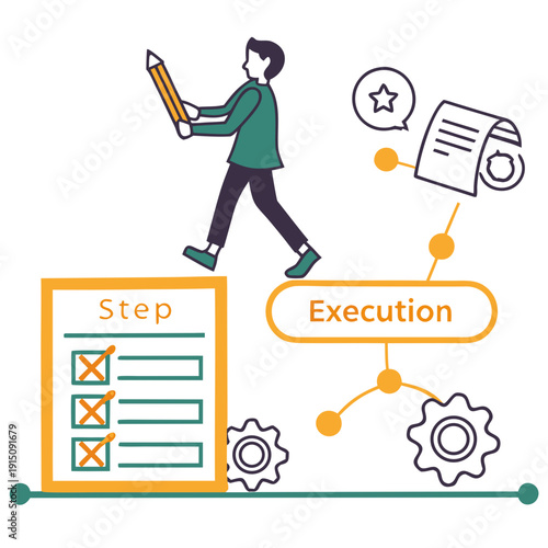 A person walking towards execution step with checklist and gears