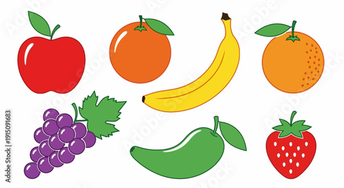 Vibrant illustration of various fresh fruits including apples, oranges, bananas, and grapes