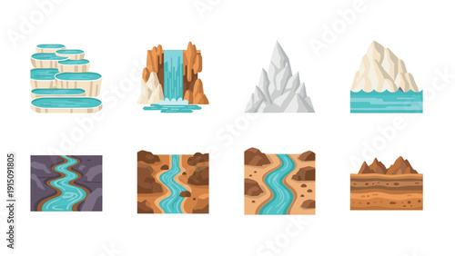 Waterfall and river elements in flat design with mountains and terraces