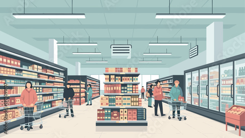 Flat design supermarket interior with shoppers and carts
