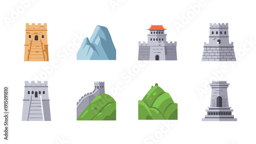 Great wall of china landmarks in flat design - icon set