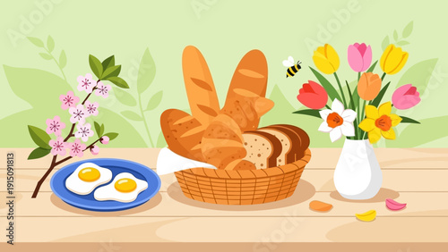 Spring breakfast with fresh bread, fried eggs, and a vibrant bouquet of flowers.