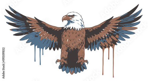 Vector illustration of a brown and blue eagle with dripping paint effects isolated on transparent background