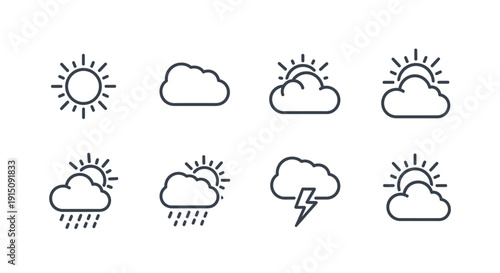 Weather icon set depicting sun, clouds, rain, and thunderstorms in a linear design.