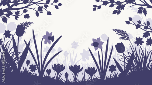 Spring flowers and branches silhouette background.