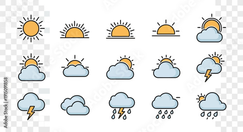 Weather forecasting icons showing sunny, cloudy, rainy, and stormy conditions in vector illustration