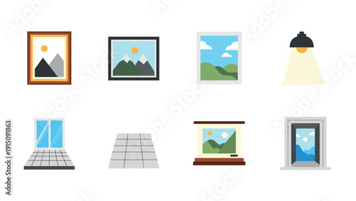 Colorful interior elements with framed pictures and simple home decor icons