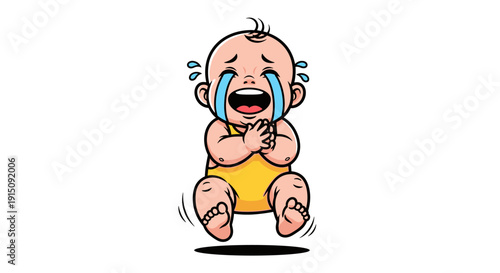 Vivid cartoon illustration of a crying baby, shedding tears of distress and sadness. Perfect for conveying strong emotions in designs about childhood, parenting, and upset moments