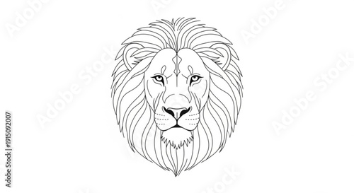 Majestic lion head with a powerful mane looking straight ahead symbolizing strength and courage in a simple line art style on a white background