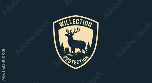 Deer silhouette logo with willection protection text on shield badge conservation symbol with elk and trees on dark background